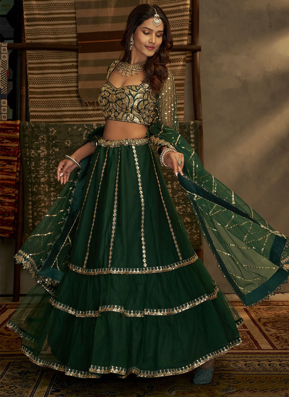 A Line Lehenga Net Green Sequins Lehenga Choli