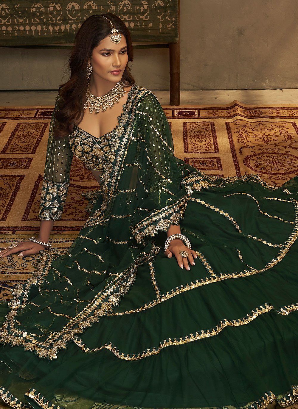 A Line Lehenga Net Green Sequins Lehenga Choli