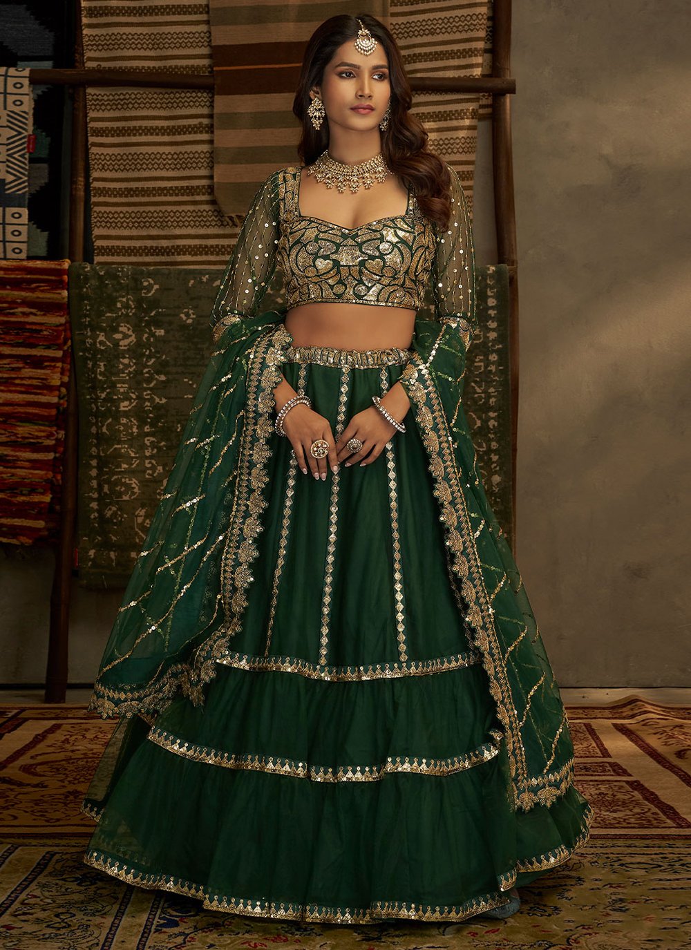 A Line Lehenga Net Green Sequins Lehenga Choli