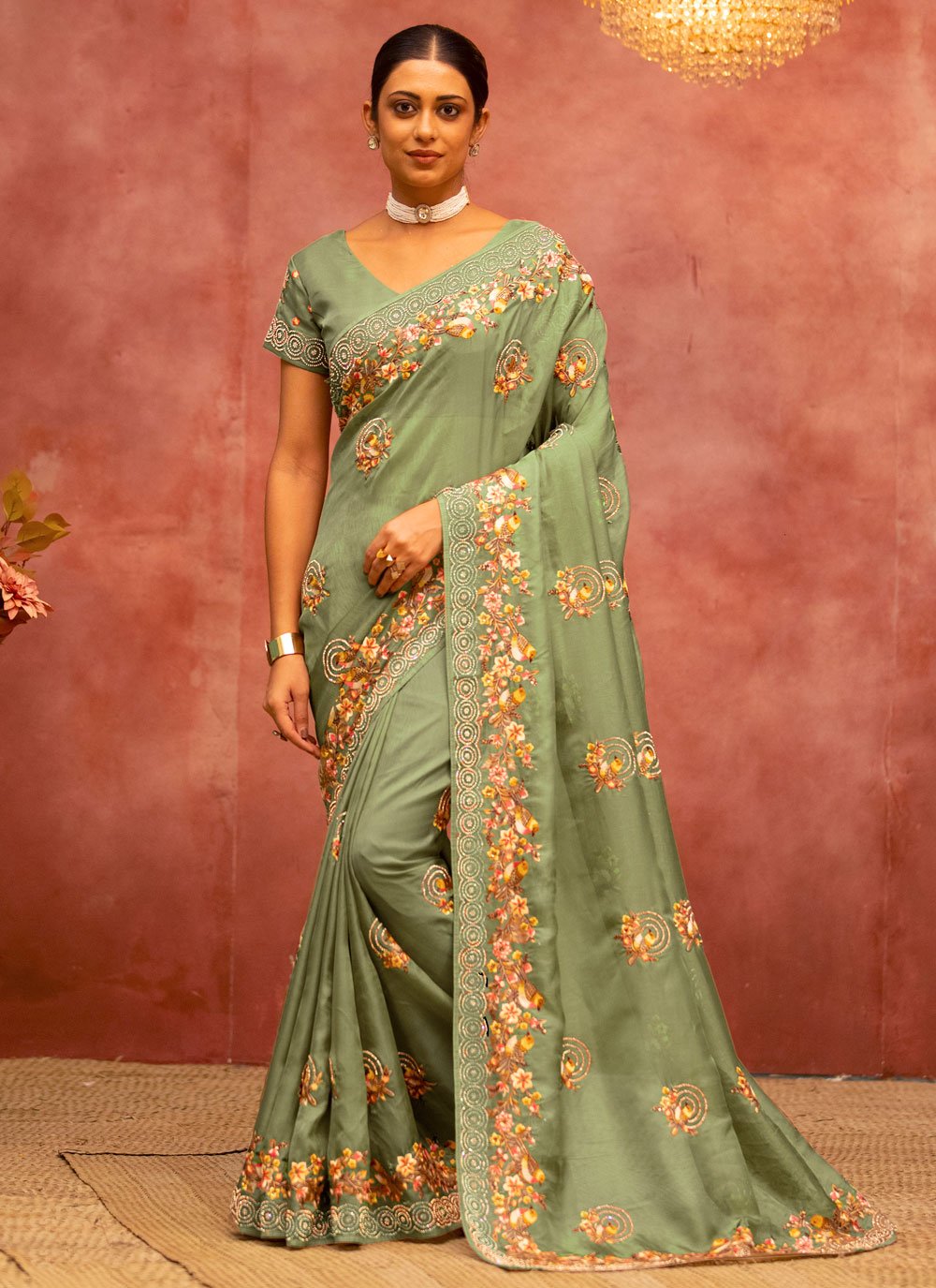 Contemporary Net Green Embroidered Saree