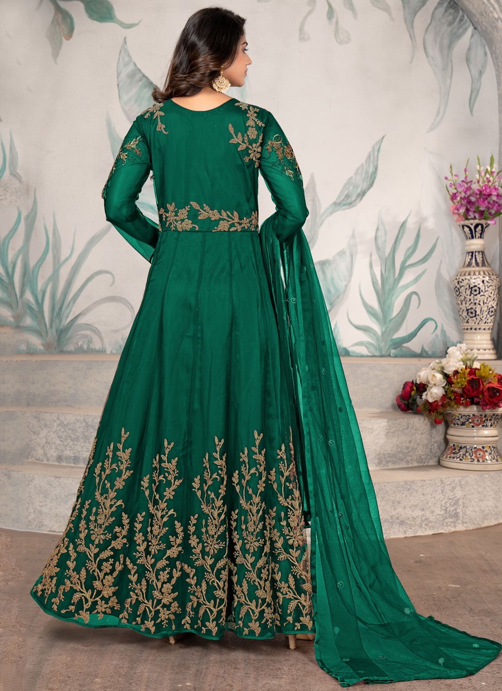 Anarkali Suit Net Green Embroidered Salwar Kameez