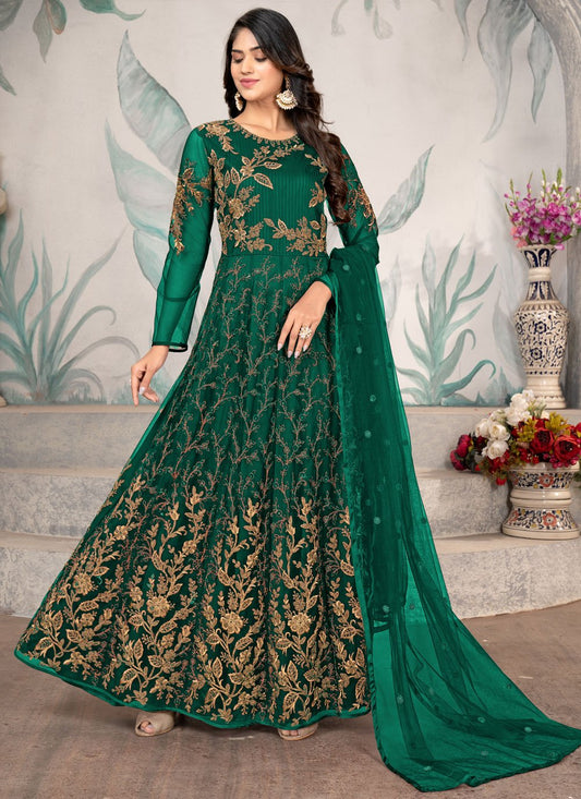 Anarkali Suit Net Green Embroidered Salwar Kameez