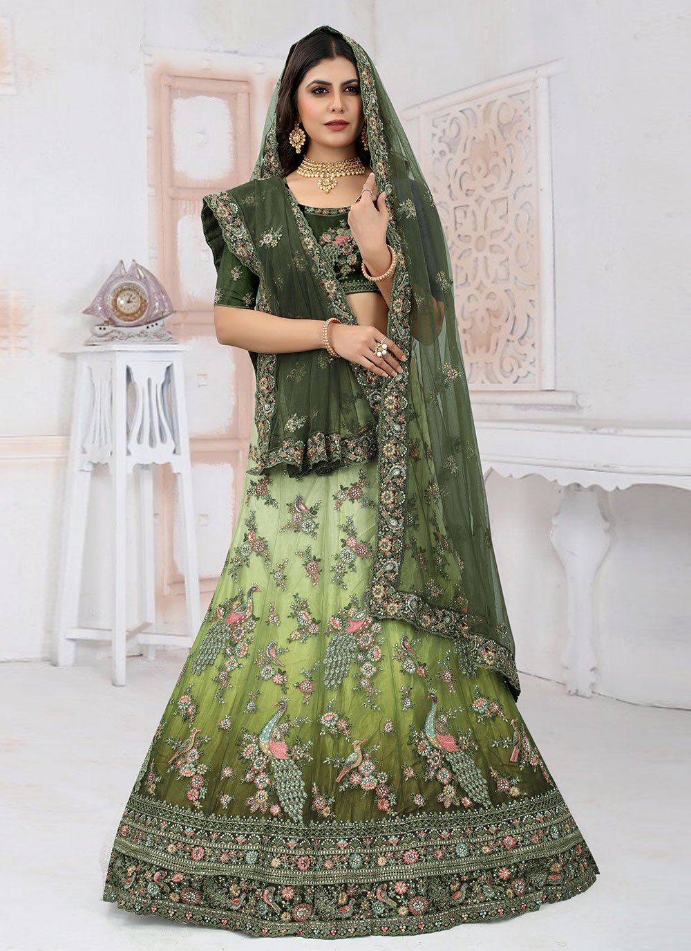 Lehenga Choli Net Green Embroidered Lehenga Choli