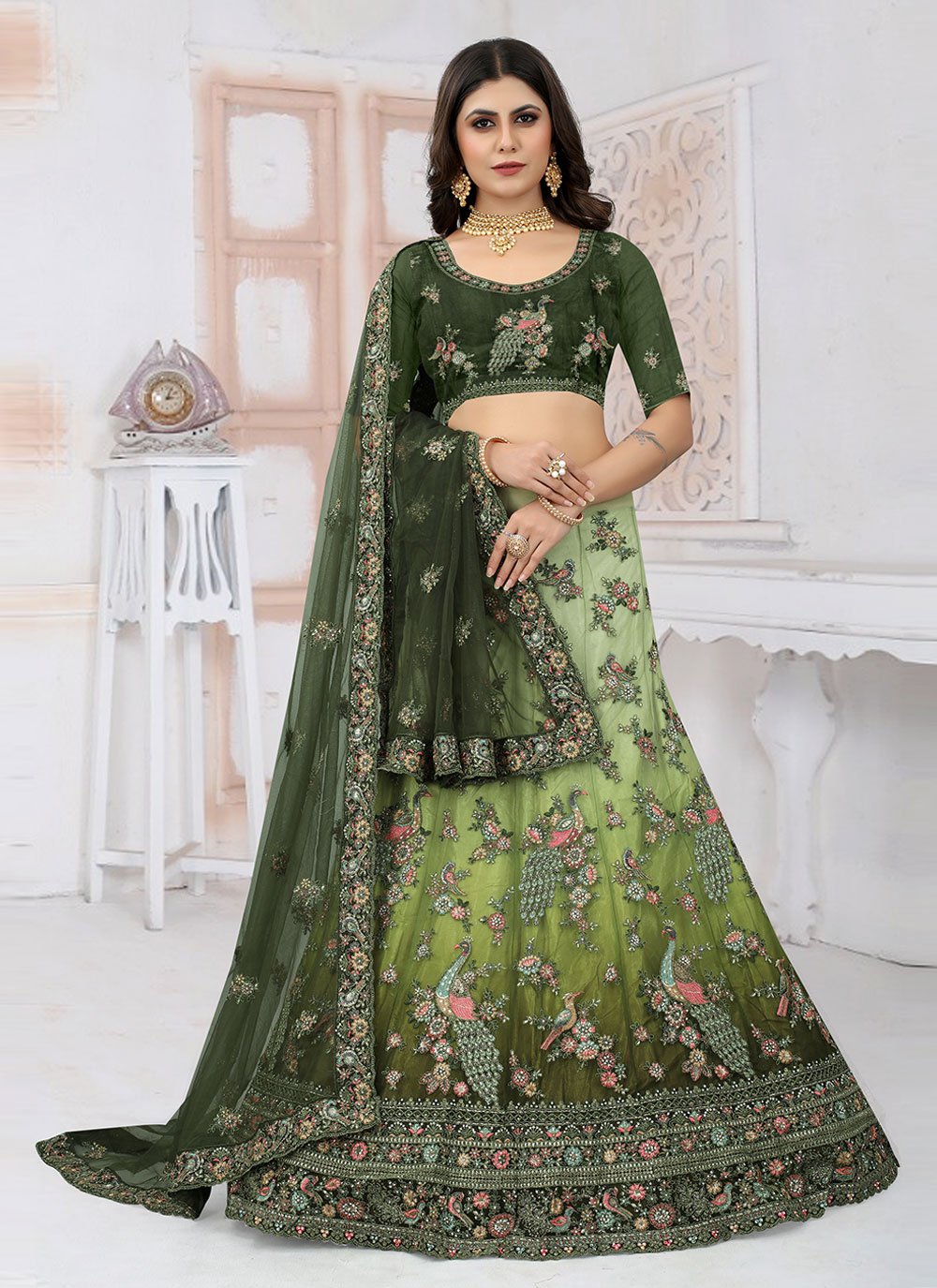 Lehenga Choli Net Green Embroidered Lehenga Choli