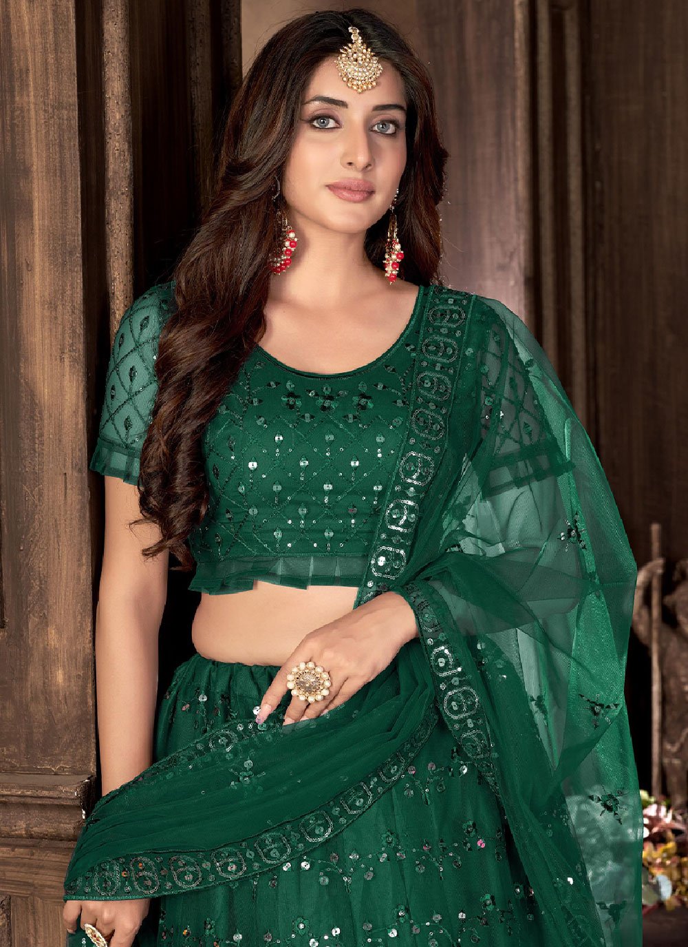 Lehenga Choli Net Green Embroidered Lehenga Choli