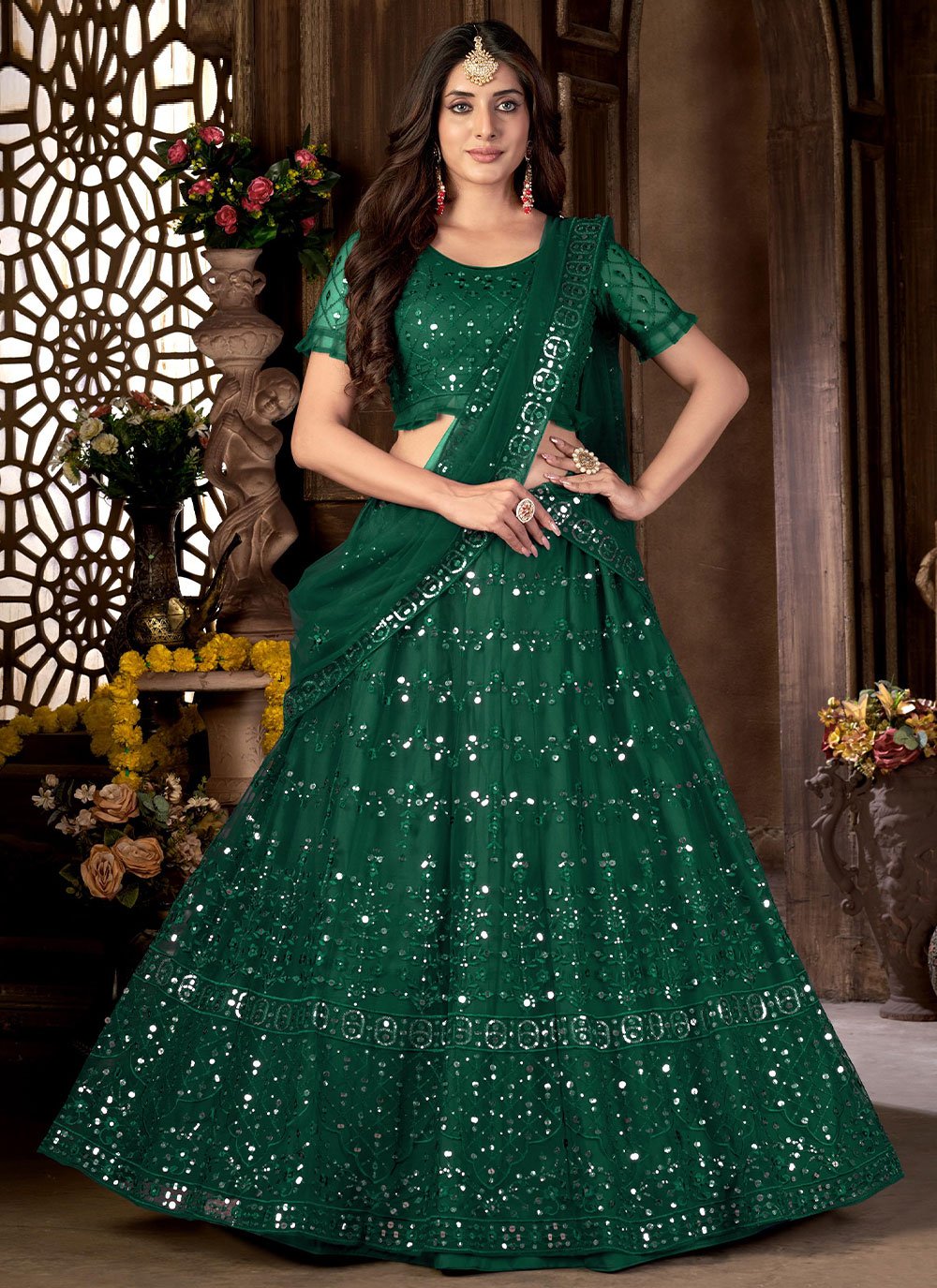 Lehenga Choli Net Green Embroidered Lehenga Choli