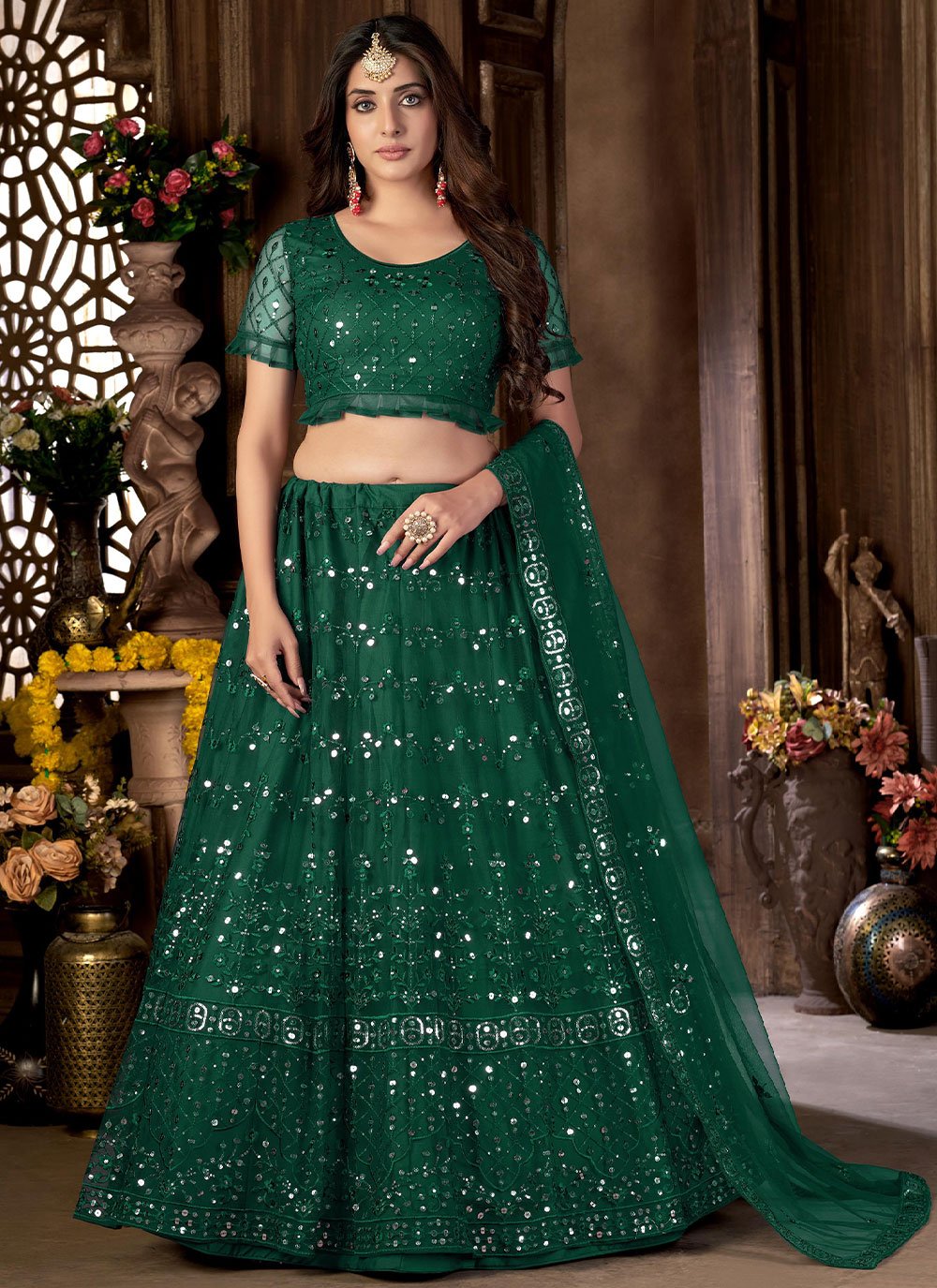 Lehenga Choli Net Green Embroidered Lehenga Choli