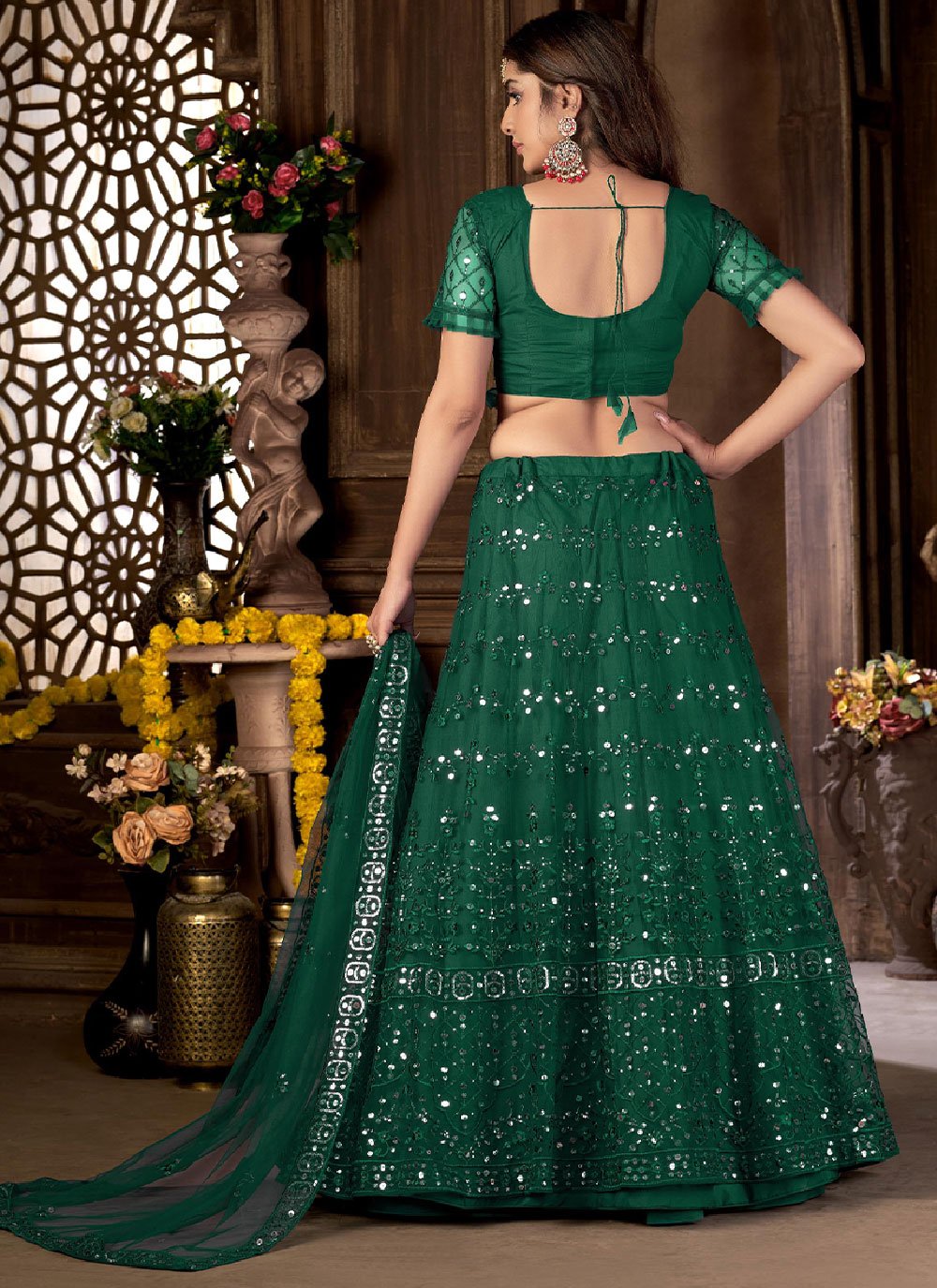 Lehenga Choli Net Green Embroidered Lehenga Choli