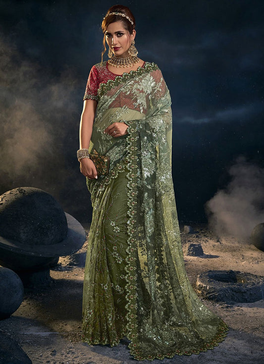 Classic Net Green Sequins Saree