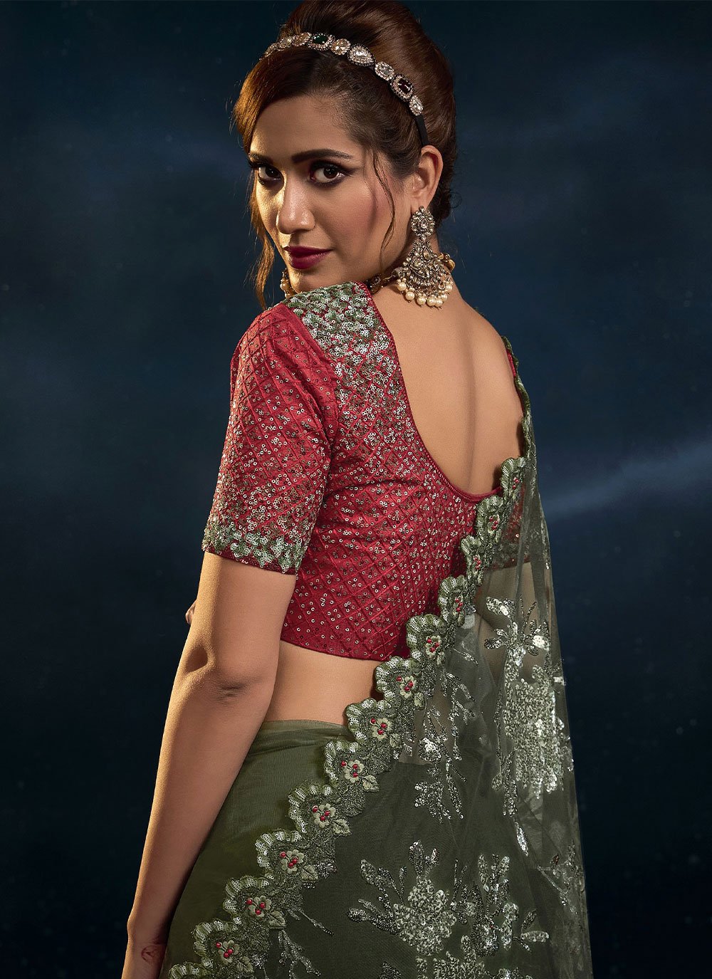 Classic Net Green Sequins Saree