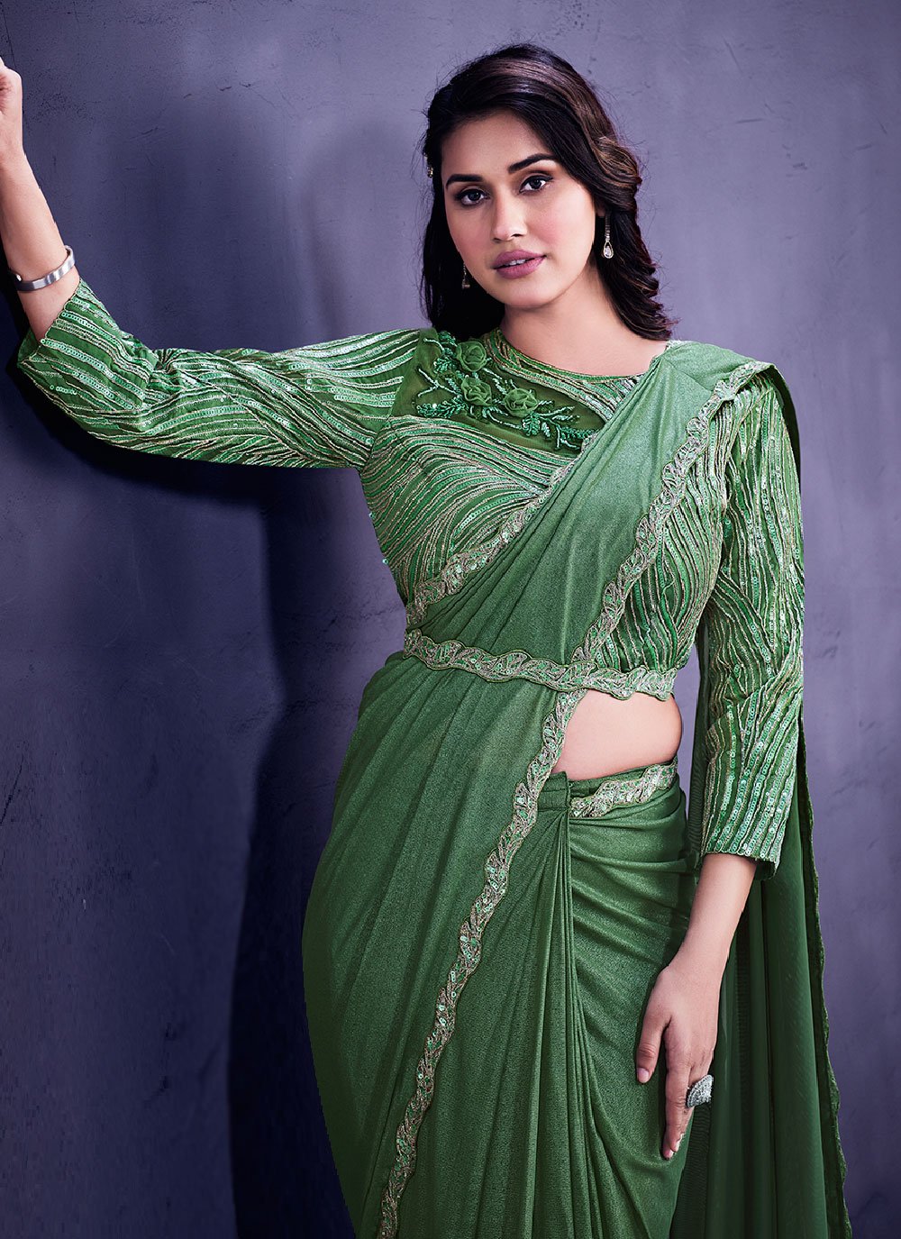 Classic Net Green Embroidered Saree