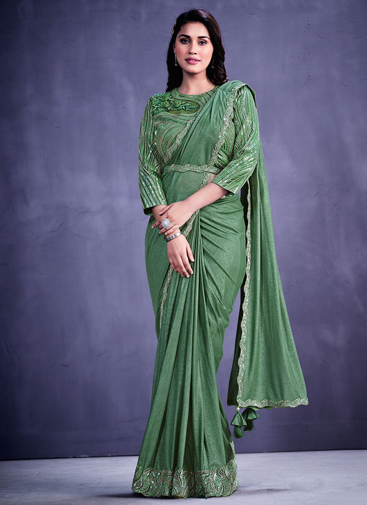 Classic Net Green Embroidered Saree