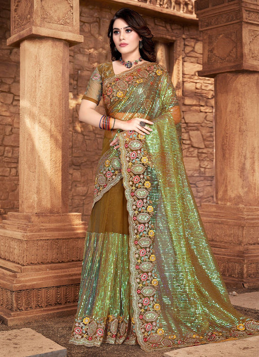 Contemporary Net Green Embroidered Saree