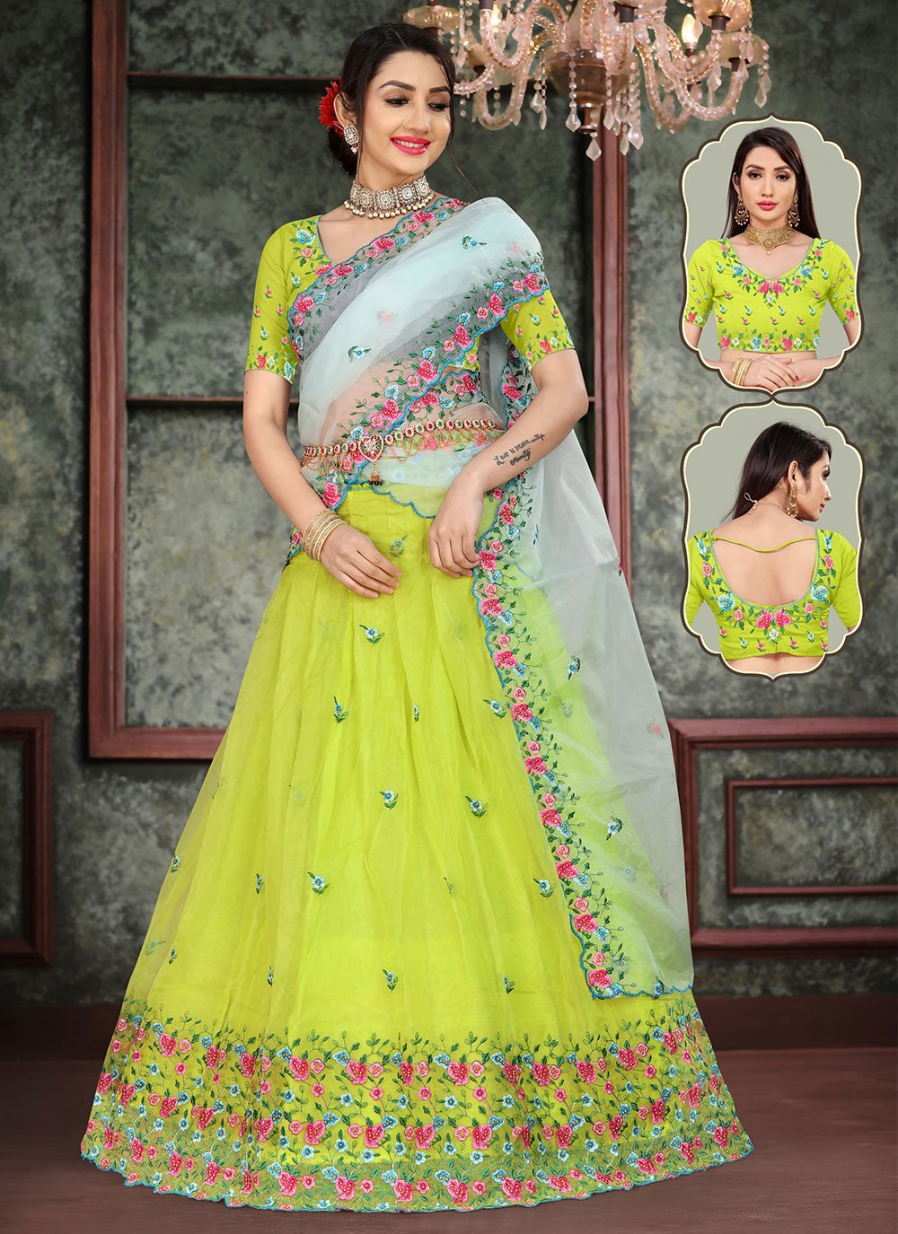 A Line Lehenga Organza Green Embroidered Lehenga Choli