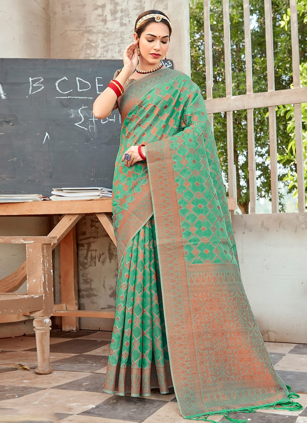 Designer Organza Green Embroidered Saree