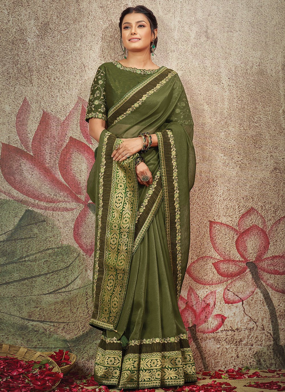 Contemporary Net Organza Green Embroidered Saree