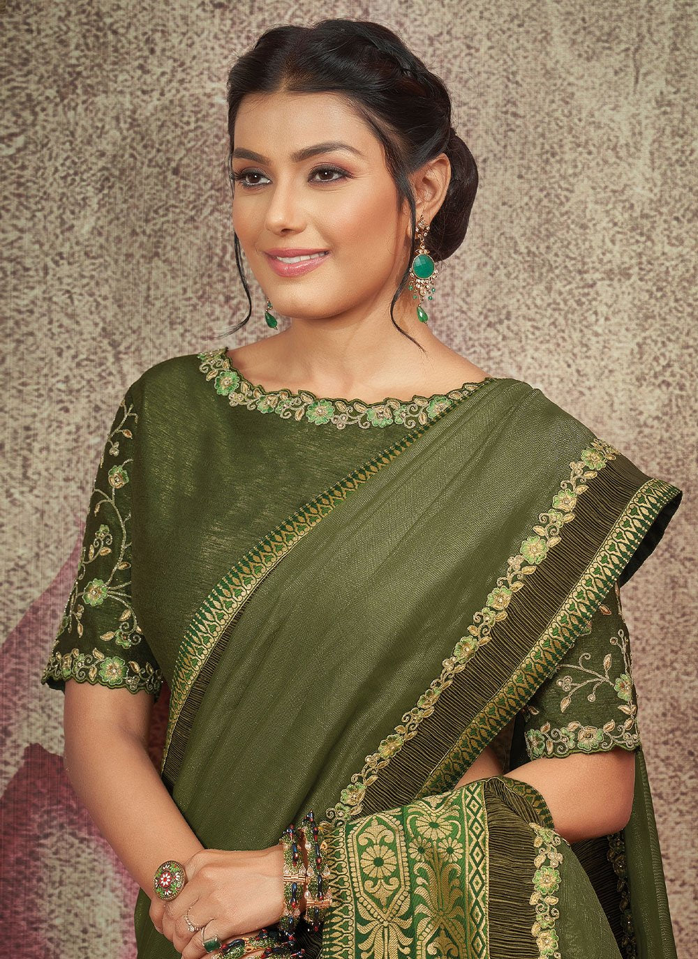 Contemporary Net Organza Green Embroidered Saree