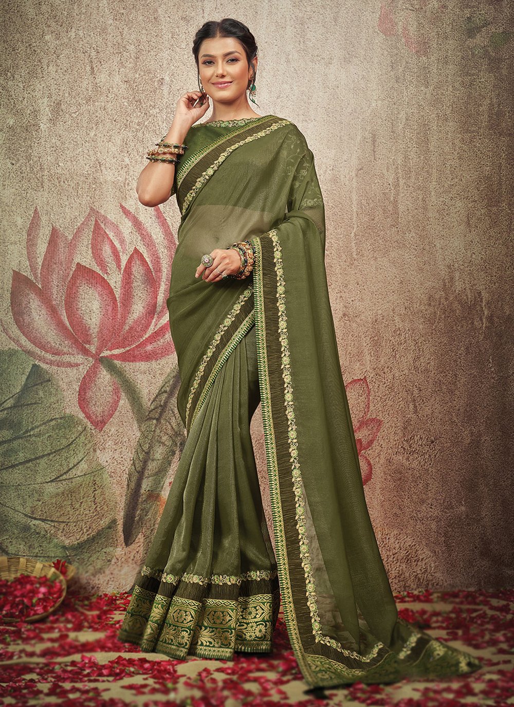 Contemporary Net Organza Green Embroidered Saree