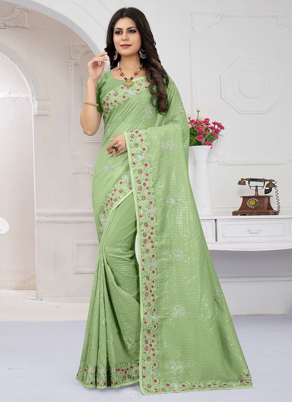 Contemporary Organza Green Embroidered Saree