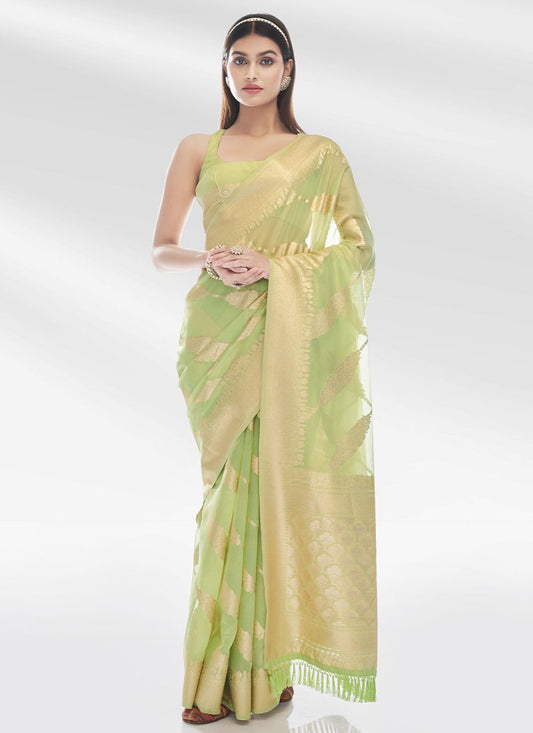 Contemporary Organza Green Zari Saree