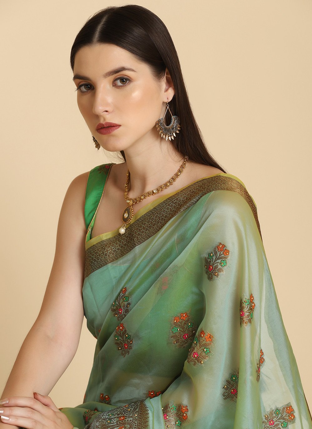 Traditional Saree Organza Green Weaving Saree