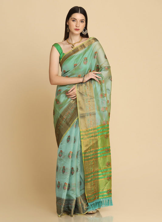 Traditional Saree Organza Green Weaving Saree