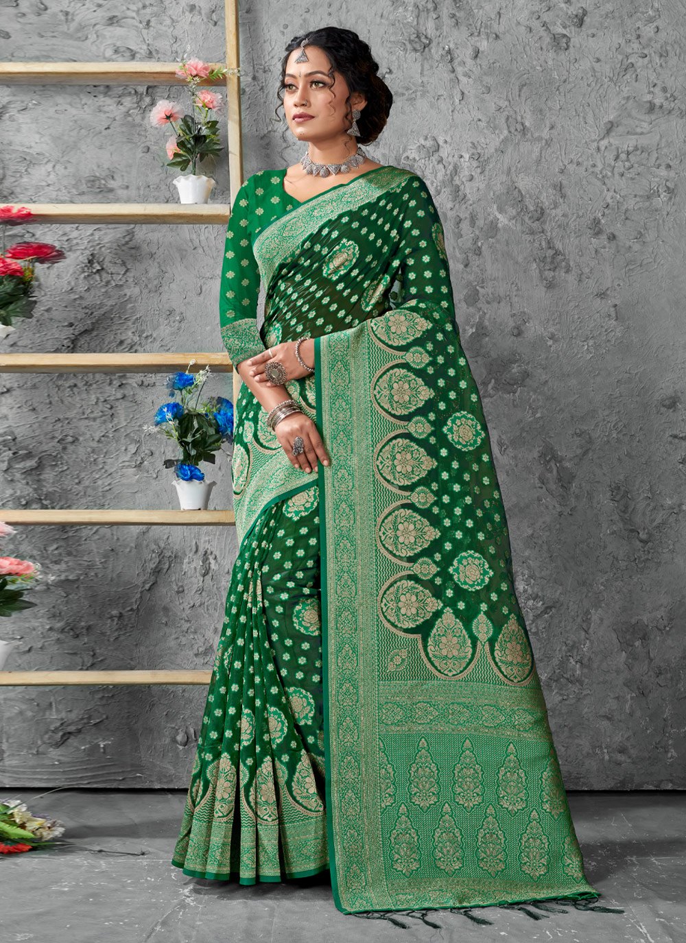 Classic Organza Green Embroidered Saree