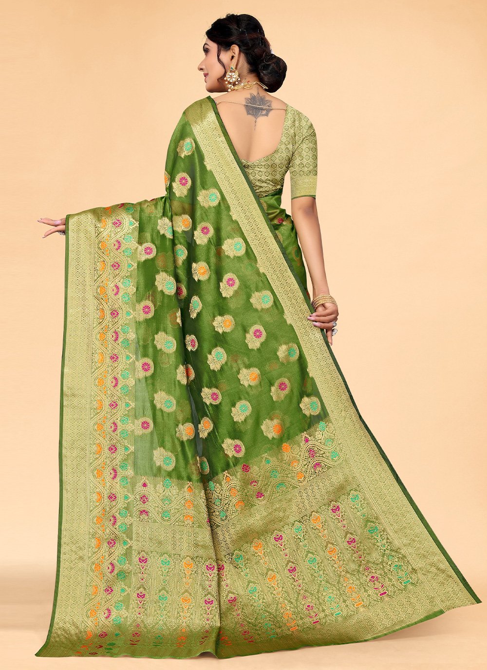 Designer Organza Green Woven Saree