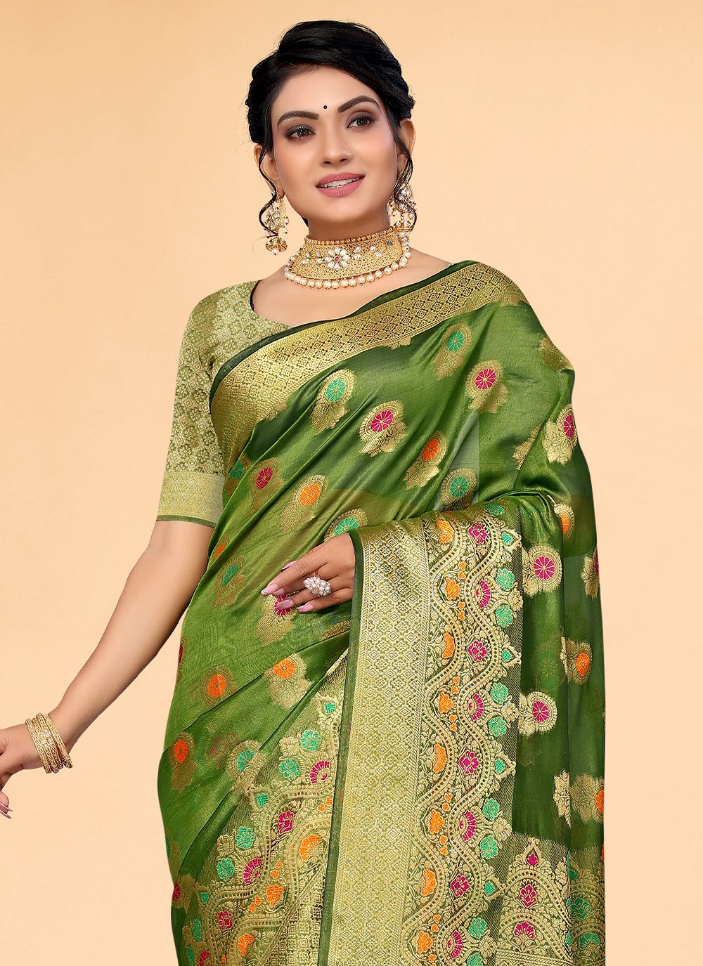 Designer Organza Green Woven Saree