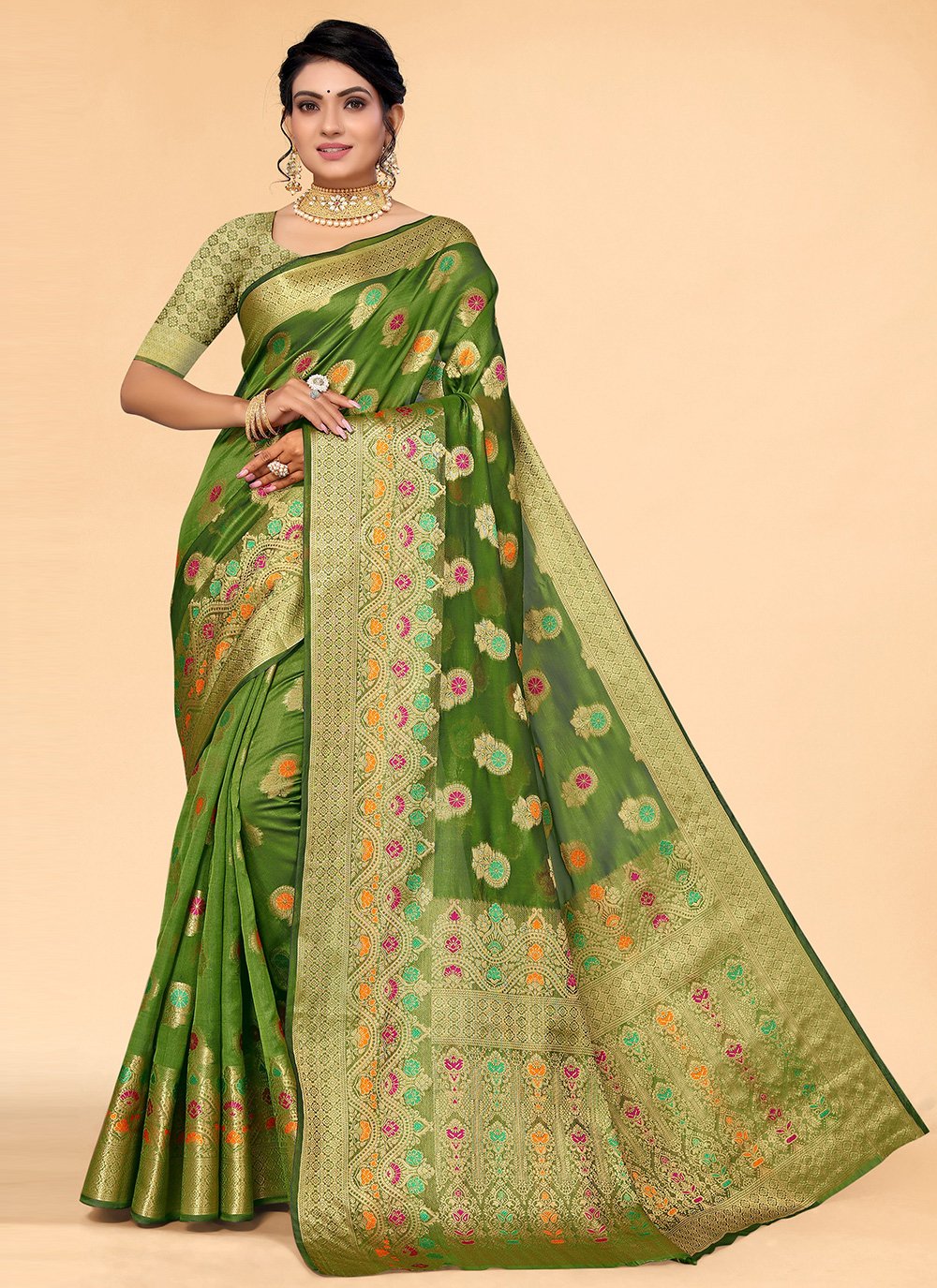 Designer Organza Green Woven Saree