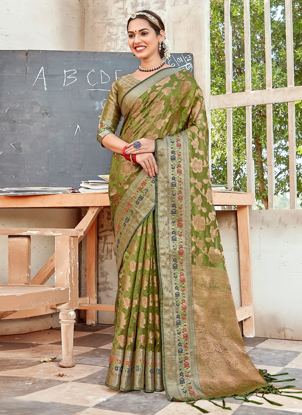 Traditional Saree Organza Green Embroidered Saree