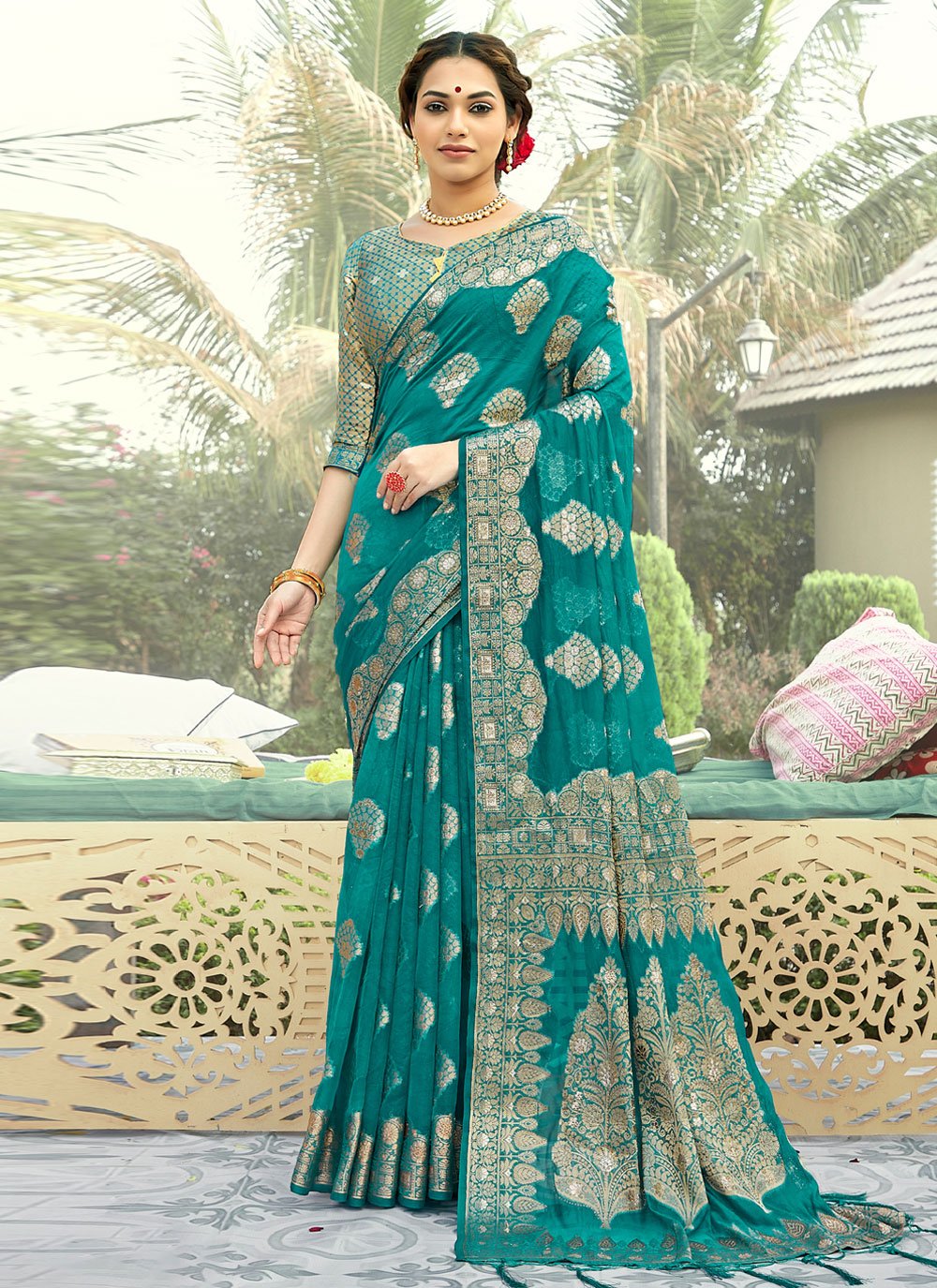 Traditional Saree Organza Green Embroidered Saree