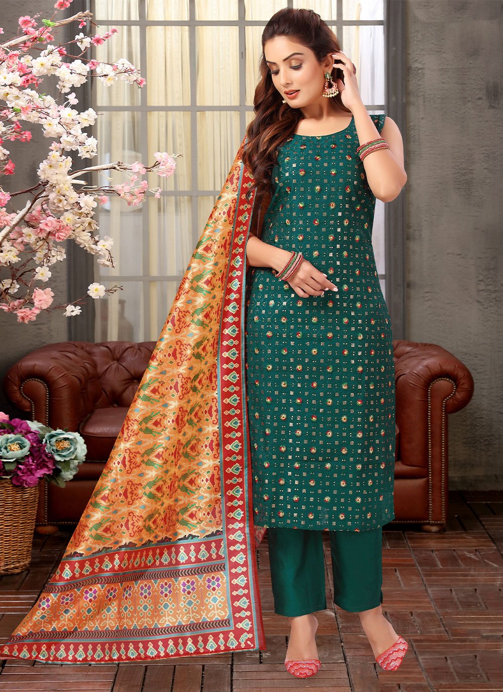 Pant Style Suit Silk Green Embroidered Salwar Kameez
