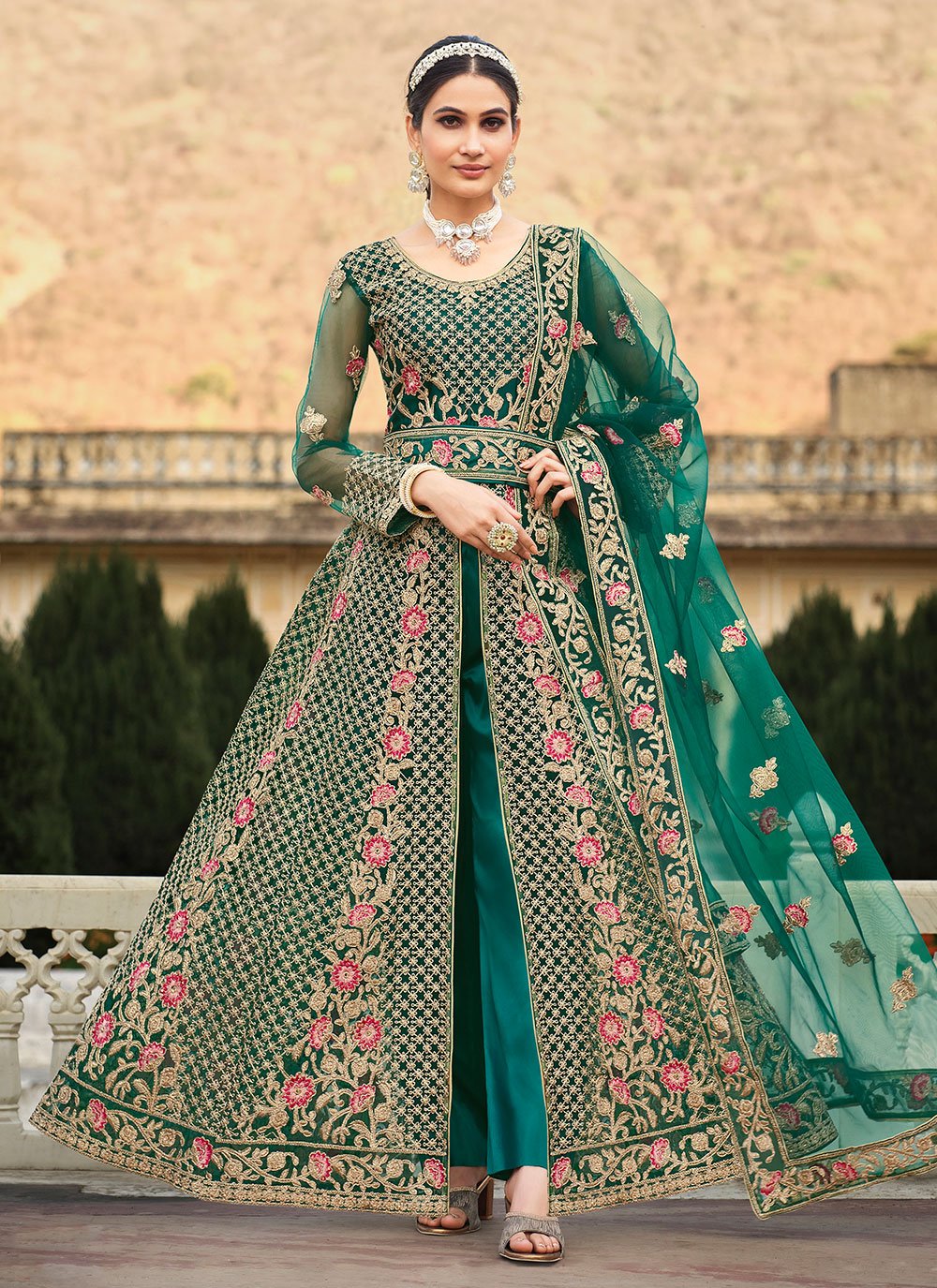 Pant Style Suit Net Green Cord Work Salwar Kameez