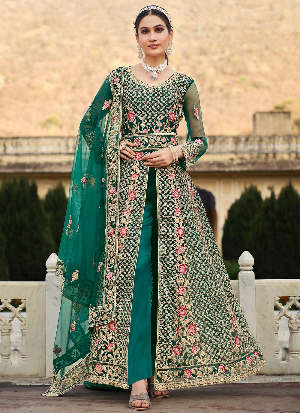 Pant Style Suit Net Green Cord Work Salwar Kameez