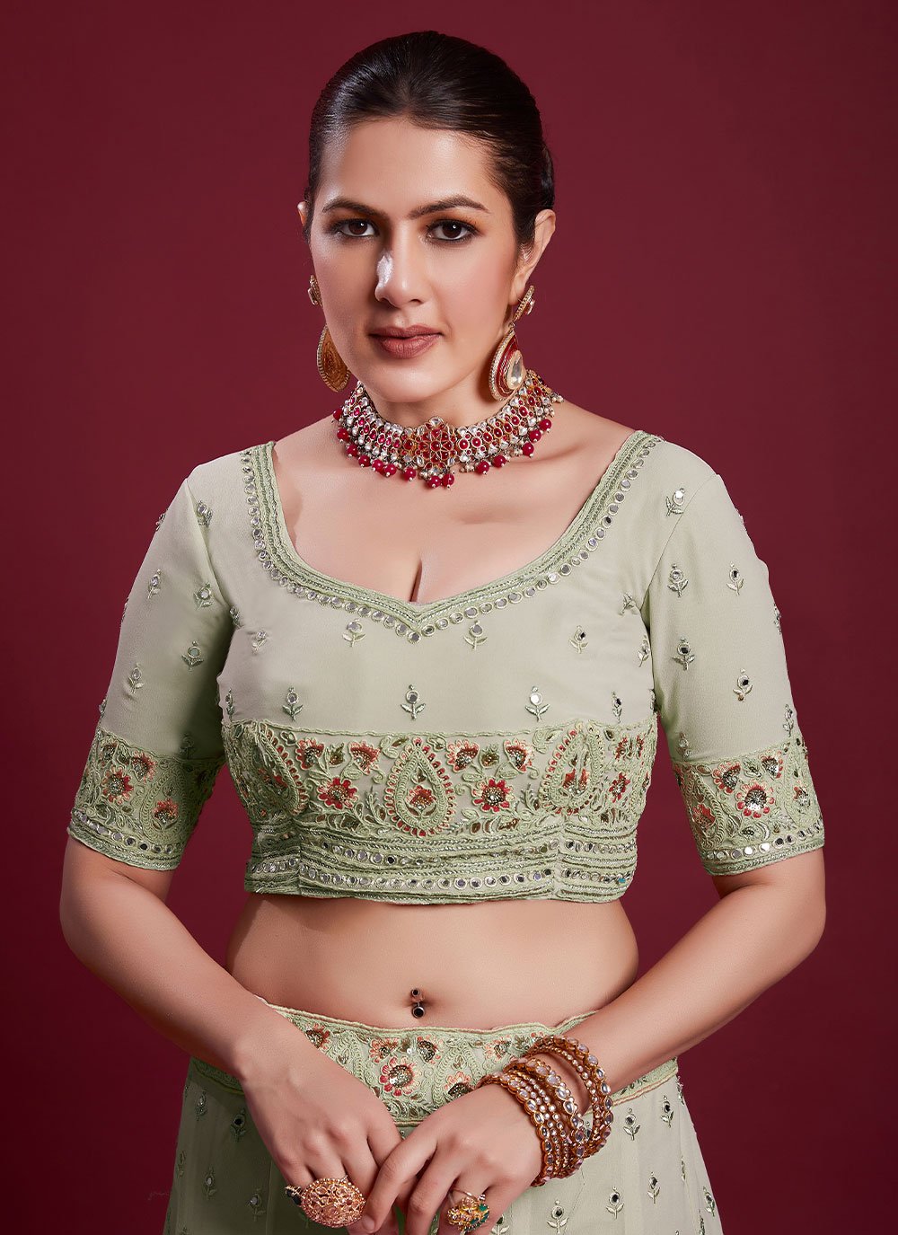 A Line Lehenga Georgette Green Dori Work Lehenga Choli