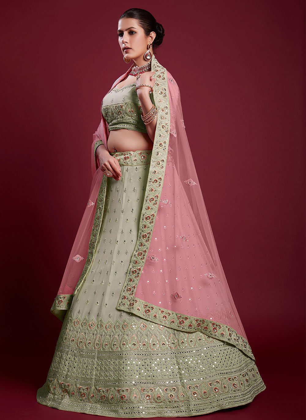 A Line Lehenga Georgette Green Dori Work Lehenga Choli