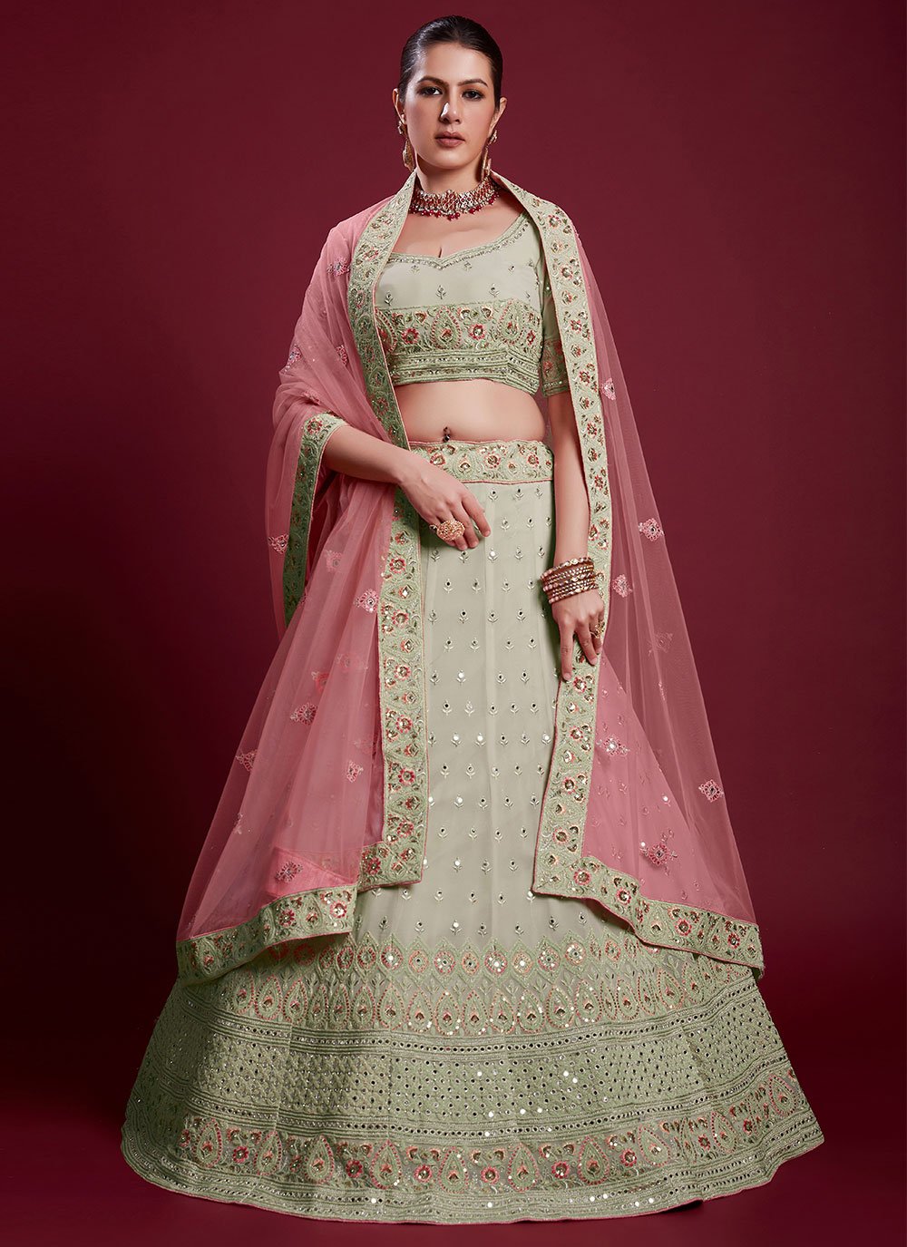 A Line Lehenga Georgette Green Dori Work Lehenga Choli