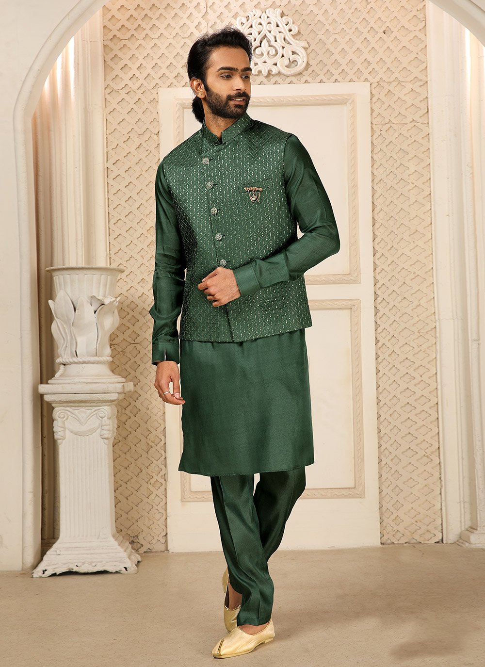 Kurta Payjama With Jacket Art Banarasi Silk Green Embroidered Mens