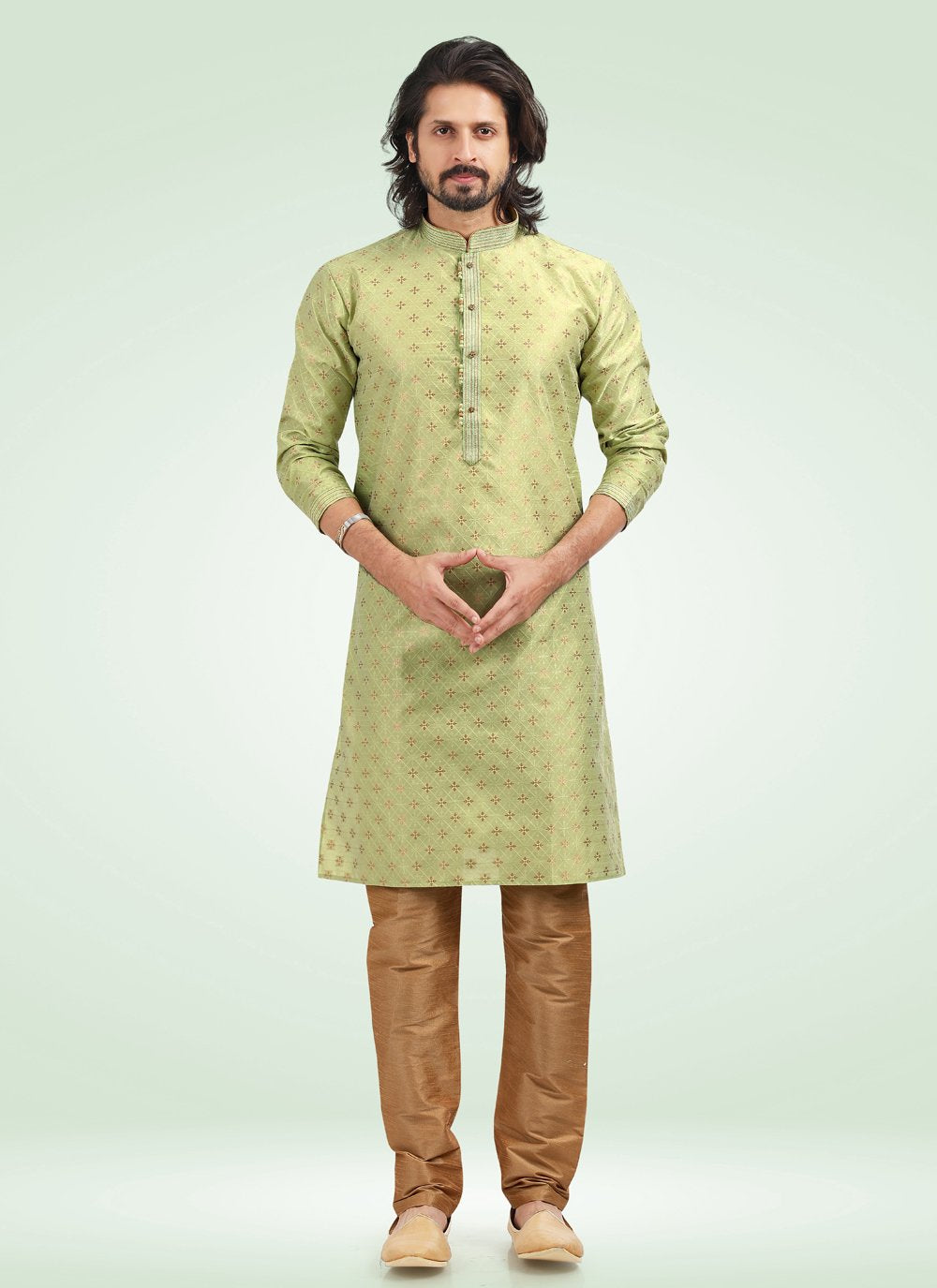 Kurta Pyjama Banarasi Jacquard Green Fancy Work Mens