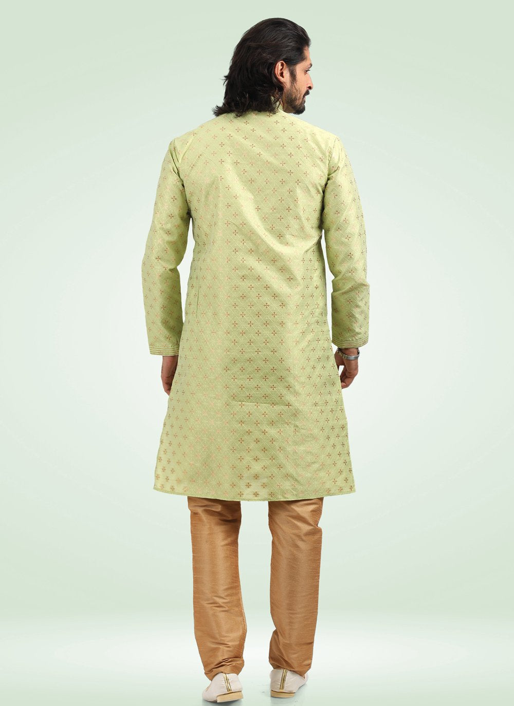 Kurta Pyjama Banarasi Jacquard Green Fancy Work Mens