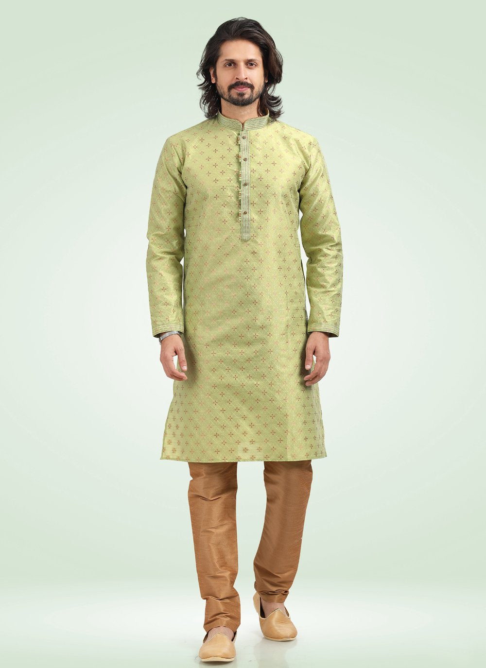 Kurta Pyjama Banarasi Jacquard Green Fancy Work Mens