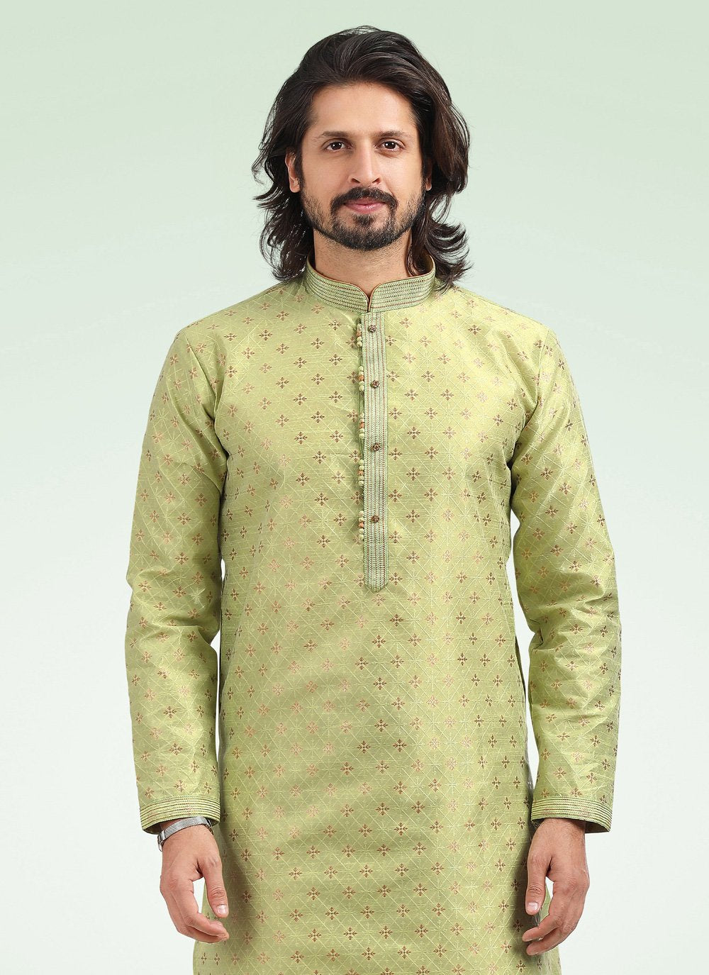 Kurta Pyjama Banarasi Jacquard Green Fancy Work Mens