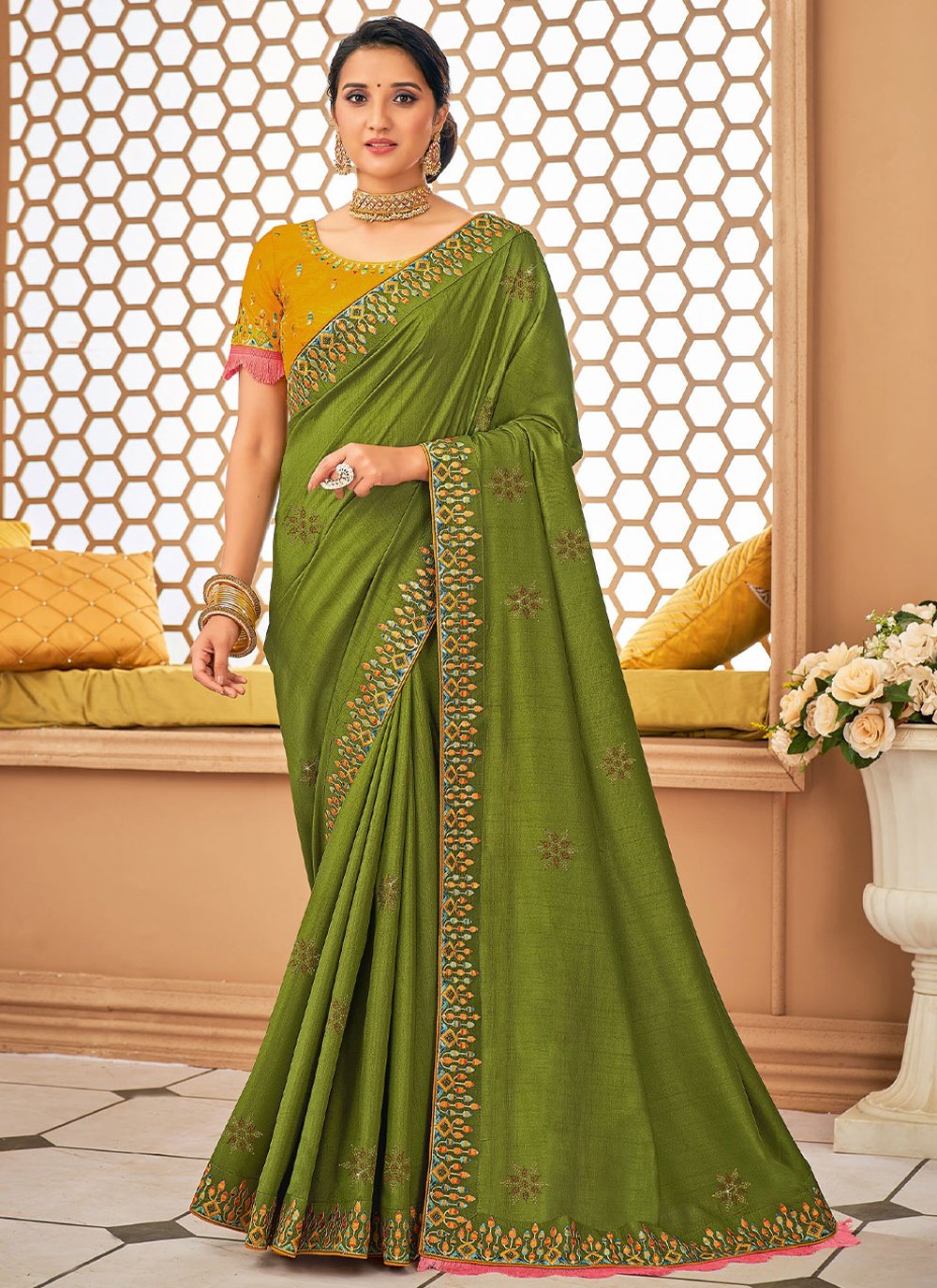 Classic Raw Silk Green Embroidered Saree