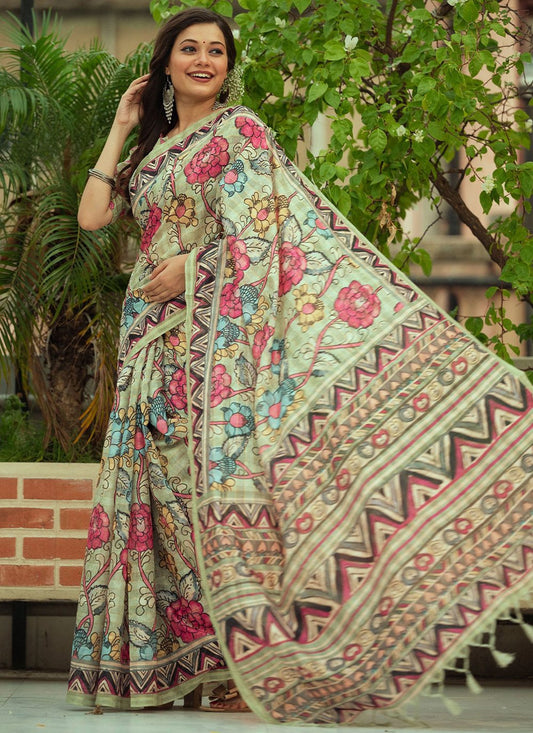 Classic Linen Green Print Saree