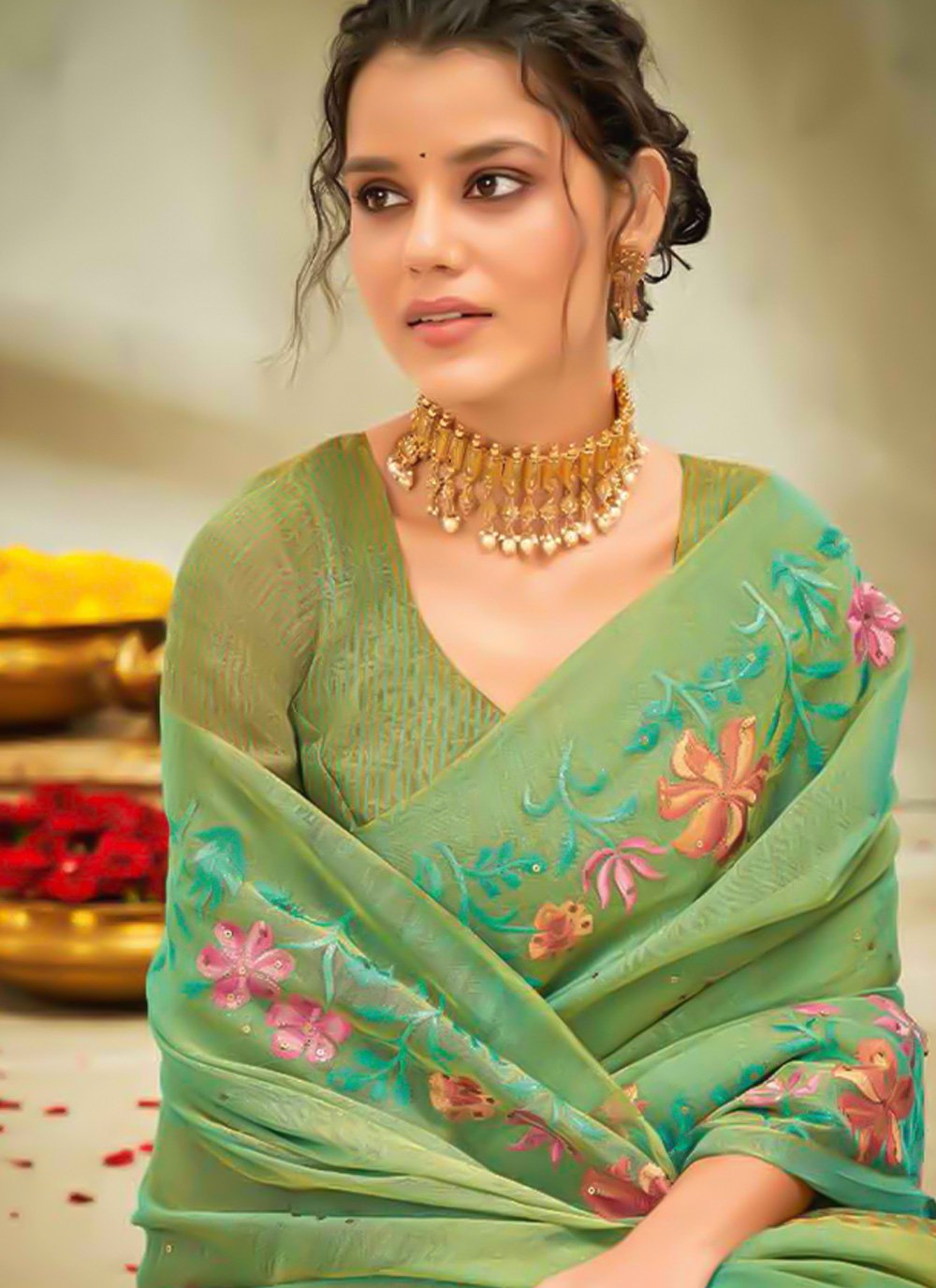 Classic Cotton Linen Green Embroidered Saree