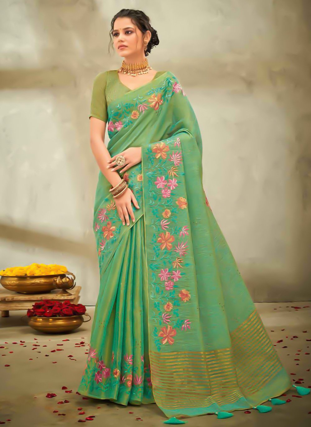 Classic Cotton Linen Green Embroidered Saree