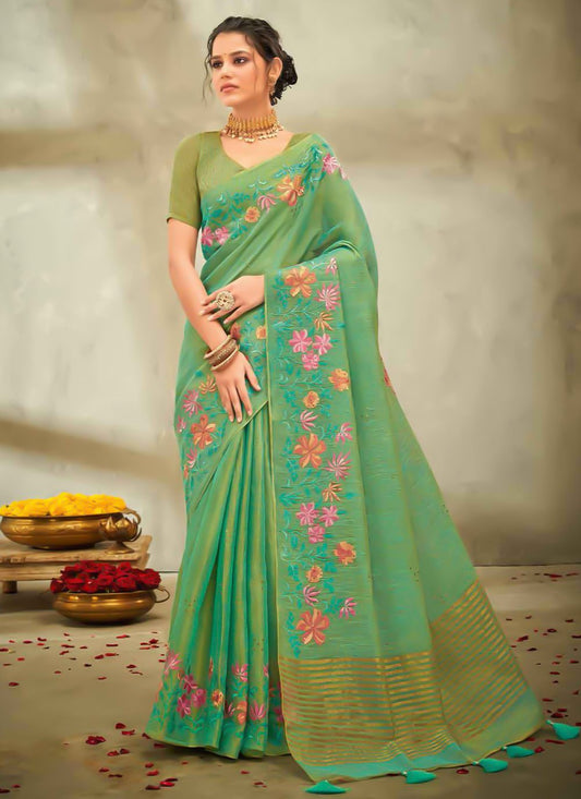 Classic Cotton Linen Green Embroidered Saree