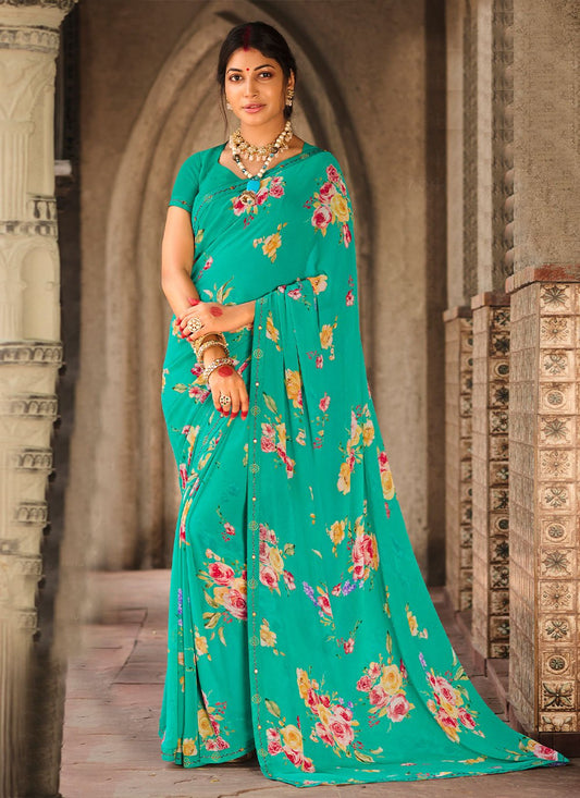 Contemporary Georgette Green Print Saree