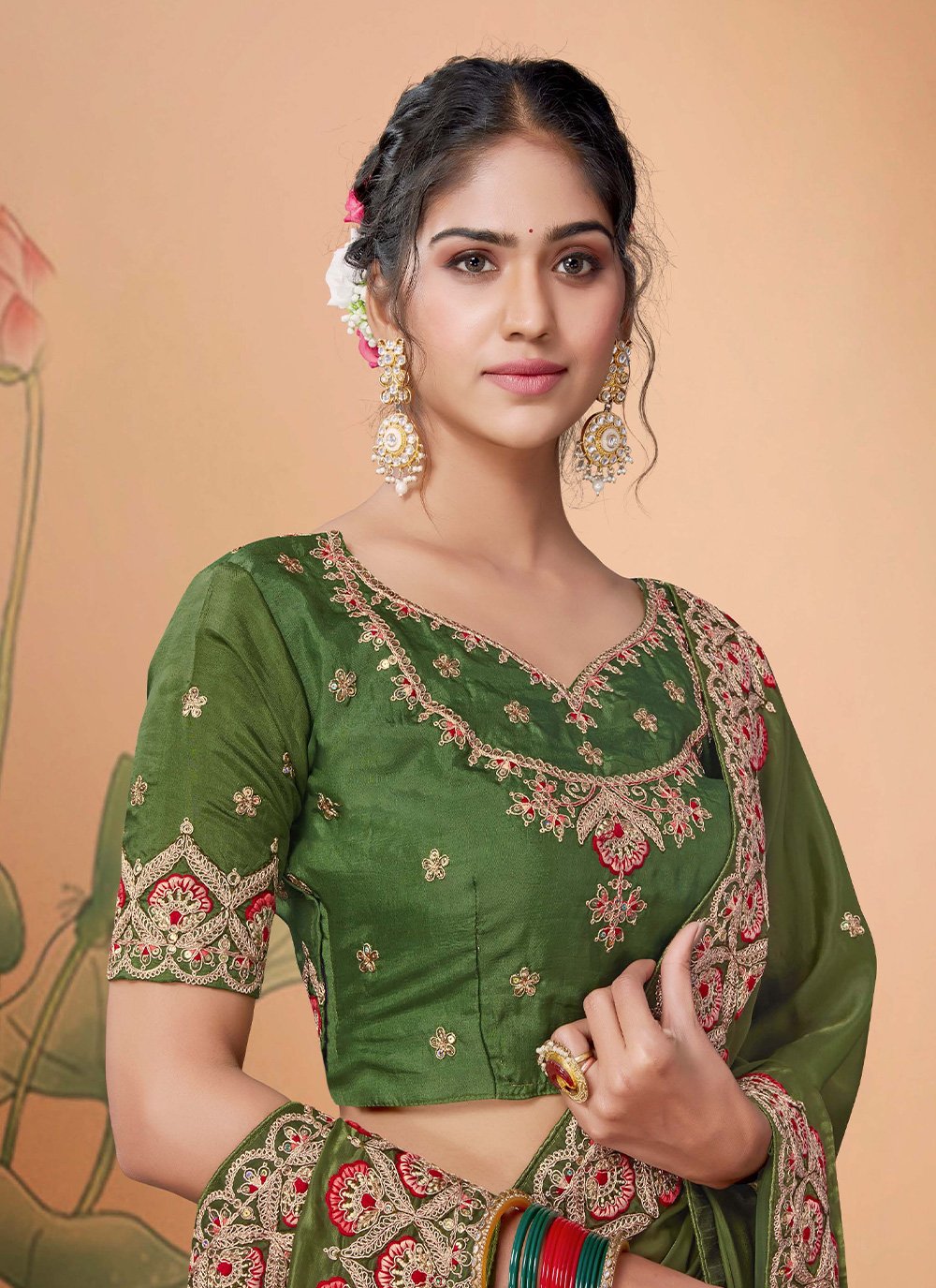 Contemporary Organza Green Embroidered Saree